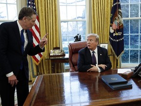 With just eight weeks left in the current schedule of NAFTA talks and President Donald Trump frequently threatening to blow up the deal, eyes today will be on U.S. trade czar, Robert Lighthizer. Lighthizer, left, and President Donald Trump talk after the president signed Section 201 actions in the Oval Office of the White House in Washington, Tuesday, Jan. 23, 2018.