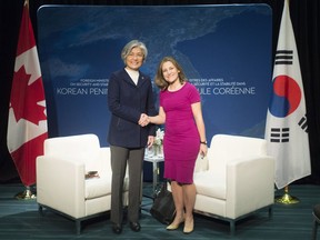 Minister of Foreign Affairs, Chrystia Freeland, right, and Republic of Korea Foreign Affairs Minister Kang Kyung-wha meet during the meeting on Security and Stability on the Korean Peninsula in Vancouver, B.C., Monday, Jan. 15, 2018.