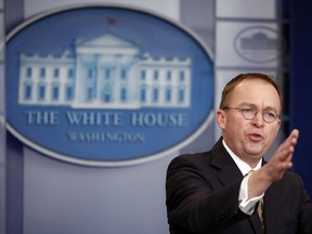 Director of the Office of Management and Budget Mick Mulvaney speaks during a press briefing at the White House, Saturday, Jan. 20, 2018, in Washington.