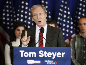 Billionaire environmental activist Tom Steyer speaks during a news conference in Washington, Monday, Jan. 8, 2018. Steyer announced Monday he will spend $30 million to get young voters to the polls in this year's midterm elections.