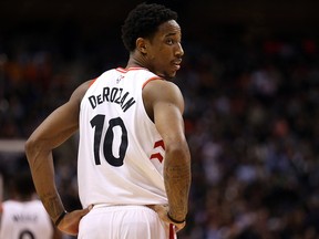 Toronto Raptors guard DeMar DeRozan takes a break against the Detroit Pistons on Jan. 17.