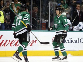 Dallas Stars right wing Alexander Radulov (47) congratulates defenseman John Klingberg (3) after he scored a goal against the San Jose Sharks during the first period of an NHL hockey game in Dallas, Sunday, Dec. 31, 2017.