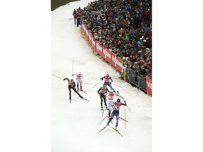 From front to back : Sophie Caldwell from the U.S, Sweden's Hanna Falk, Germany's Hanna Kolb, Germany's Victoria Carl, France's Aurore Jean and Sweden's Jonna Sundung compete in the women's freestyle quarterfinals at the Cross Country Skiing World Cup in Dresden, Germany, Saturday, Jan. 13, 2018.