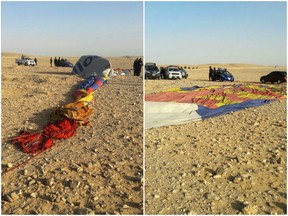 The remains of a hot air balloon are seen on the ground near the ancient city of Luxor after a fatal crash on January 5, 2018.