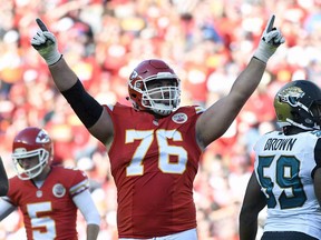 In this Nov 6, 2016 file photo, Kansas City Chiefs offensive lineman Laurent Duvernay-Tardif celebrates a field goal against the Jacksonville Jaguars.