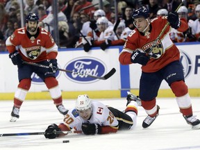 Calgary Flames' Curtis Lazar (20) falls to the ice as he goes for the puck against Florida Panthers' Micheal Haleym, right, during the first period of an NHL hockey game Friday, Jan. 12, 2018, in Sunrise, Fla.