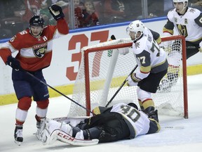 Florida Panthers' Aleksander Barkov (16) celebrates after scoring against Vegas Golden Knights goalie Malcolm Subban (30) during the first period of an NHL hockey game Friday, Jan. 19, 2018, in Sunrise, Fla.