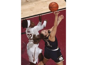 Notre Dame guard Marina Mabrey (3) shoots as Florida State guard Imani Wright (32) defends in the first quarter of an NCAA college basketball game Sunday, Jan. 28, 2018, in Tallahassee, Fla.