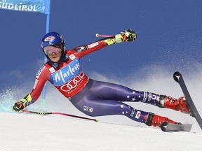 United States' Mikaela Shiffrin speeds down the course during an alpine ski, women's World Cup giant slalom at the Kronplatz resort, in San Vigilio di Marebbe, Italy, Tuesday, Jan. 23, 2018.