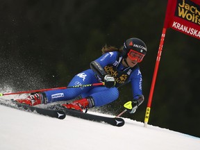 Italy's Sofia Goggia speeds down the course during an alpine ski, women's World Cup giant slalom in Kranjska Gora, Slovenia, Saturday, Jan. 6, 2018.