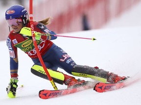 United States' Mikaela Shiffrin competes during an alpine ski, women's World Cup slalom in Kranjska Gora, Slovenia, Sunday Jan. 7, 2018.