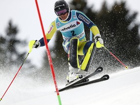 Sweden's Andre Myhrer competes during an alpine ski, men's World Cup slalom in Adelboden, Switzerland, Sunday Jan. 7, 2018.