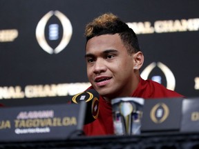 Alabama quarterback Tua Tagovailoa speaks at a press conference in Atlanta, Tuesday, Jan. 9, 2018. Alabama beat Georgia 26-23 in overtime to win the NCAA college football playoff championship game on Monday night.