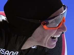 Ivanie Blondin celebrates her 3,000-metre win at a speed skating World Cup event in Erfurt, Germany, on Jan. 21.