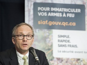 Quebec Public Security Minister Martin Coiteux announces details of Quebec's long gun registry during a news conference in Montreal, Sunday, January 28, 2018.