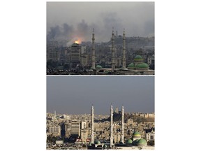 This combo of two photographs shows in a Dec. 5, 2016 file photo, a ball of fire rises following an air strike hits insurgent positions in eastern neighborhoods of Aleppo, top, and the same spot is seen in Jan. 24, 2018, down, in Aleppo, Syria. Thirteen months after government forces captured eastern rebel-held neighborhoods of Aleppo, life in the city has improved drastically with more security and more supplies of water and electricity.