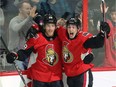 Ottawa Senators forward Matt Duchene (right) celebrates his game-winning overtime goal against the San Jose Sharks with Mike Hoffman on Jan. 5.