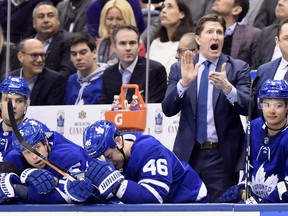 Toronto Maple Leafs head coach Mike Babcock yells from the bench against the St. Louis Blues on Jan. 16.