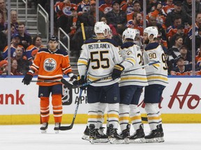 The Buffalo Sabres celebrate a goal against the Edmonton Oilers during the second period in Edmonton on Tuesday.