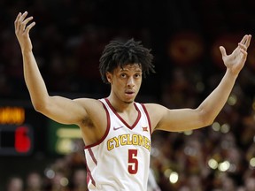 Iowa State guard Lindell Wigginton celebrates during the first half of the team's NCAA college basketball game against West Virginia, Wednesday, Jan. 31, 2018, in Ames, Iowa.