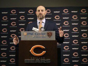 Matt Nagy responds to a question after Chicago Bears general manager Ryan Pace introduced him as the club's 16th head coach in franchise history during an NFL football news conference Tuesday, Jan. 9, 2018, in Lake Forest , Ill.