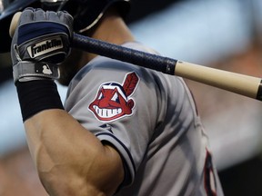 Cleveland Indians logo on a jersey during a baseball game against the Baltimore Orioles in Baltimore.  Indians are taking the divisive Chief Wahoo logo off their uniforms and caps, starting in 2019.