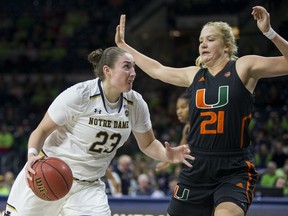 Notre Dame's Jessica Shepard (23) drives as Miami's Emese Hof (21) defends during the first half of an NCAA college basketball game Thursday, Jan. 4, 2018, in South Bend, Ind.