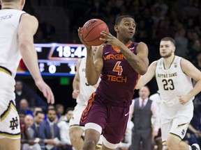 Virginia Tech's Nickeil Alexander-Walker (4) looks to pass the ball during the first half of an NCAA college basketball game against Notre Dame, Saturday, Jan. 27, 2018, in South Bend, Ind.