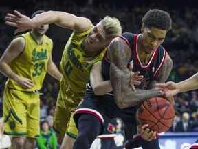 Notre Dame's Rex Pflueger (0) and Louisville's Ray Spalding (13) fight for a rebound during an NCAA college basketball game, Tuesday, Jan. 16, 2018 in South Bend, Ind.