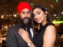 NDP Leader Jagmeet Singh with Gurkiran Kaur after proposing to her at an party in Toronto, Tuesday Jan. 16, 2018.