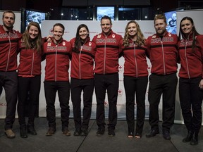 Athletes, left to right, David Duncan, of London, Ont., Brittany Phelan, of Mont-Tremblant, Que., Kevin Drury, of Toronto, Ont., Kelsey Serwa, of Kelowna, B.C., Chris Del Bosco, of Montreal, Que., India Sherret, of Cranbrook, B.C., Brady Leman, of Calgary, Alta., and Marielle Thompson, of Whistler, B.C., were named to the Canadian Olympic ski cross team in Calgary, Alta., Monday, Jan. 22, 2018.THE CANADIAN PRESS/Jeff McIntosh