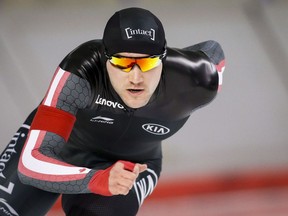 Vincent de Haitre, from Ontario, skates during the men's 1000-metre race at the Olympic Speed Skating selections trails in Calgary, Alta., Monday, Jan. 8, 2018.THE CANADIAN PRESS/Jeff McIntosh