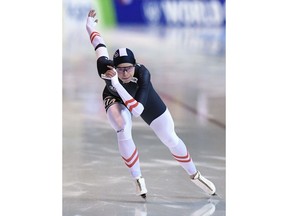 Second placed of Vanessa Herzog of Austria competes during the women's 500 meters distance at the Speed Skating World Cup in Erfurt, central Germany, Friday, Jan. 19, 2018.