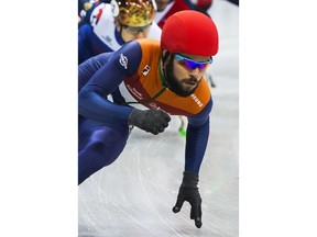 Winner Sjinkie Knegt of Netherlands competes at the men's 1,000 meters final race at the short track speed skating European Championship in Dresden, eastern Germany, Sunday, Jan. 14, 2018.