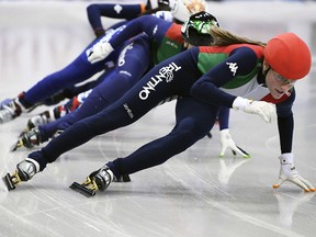 Winner Martina Valcepina of Italy, right, competes during the women's 500 meters final race at the short track speed skating European Championship in Dresden, eastern Germany, Saturday, Jan. 13, 2018.