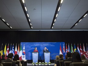 Minister of Foreign Affairs, Chrystia Freeland and Secretary of State of the United States, Rex Tillerson address a news conference following a meeting on the Security and Stability on the Korean Peninsula in Vancouver, B.C., Tuesday, Jan. 16, 2018.