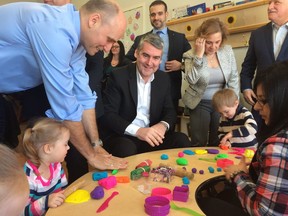Federal Minister of Families, Children and Social Development Jean-Yves Duclos (left) and Nova Scotia Premier Stephen McNeil (centre) play with children at a day care centre in suburban Halifax, Wednesday, Jan.10, 2018.THE CANADIAN PRESS/Keith Doucette