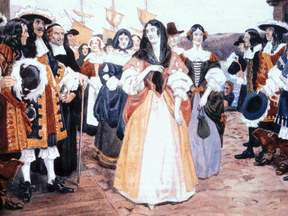 A group of King's Daughters arrives at Quebec in 1667 as portrayed in this painting by Canadian artist Charles William Jefferys.