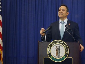 Kentucky Gov. Matt Bevin announces federal approval of Kentucky's Medicaid waiver in the Capitol Rotunda in Frankfort, Ky., Friday, Jan. 12, 2018.  Kentucky became the first state to require many of its Medicaid recipients to work to receive coverage, part of an unprecedented change to the nation's largest health insurance program under the Trump administration.