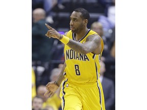FILE - In this May 20, 2014, file photo,  Indiana Pacers' Rasual Butler gestures during the NBA basketball Eastern Conference finals against the Miami Heat in Indianapolis. Authorities say Butler and his wife Leah LaBelle, whose given name is Leah LaBelle Vladowski, died in a single-vehicle rollover traffic accident in the Studio City area of Los Angeles' San Fernando Valley early Wednesday, Jan. 31, 2018. Coroner's Assistant Chief Ed Winter says both died at the scene. Autopsies are pending.
