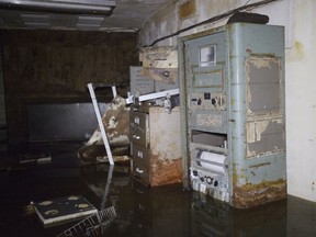In this Tuesday, Sept. 26, 2017 photo, old office equipment stands in a room near the entryway of a Cold War era Civil Defense bunker located in the neutral ground of West End Boulevard near Robert E. Lee Boulevard in New Orleans, La. Relics from the Cold War, the aging shelters that once numbered in the thousands in schools, courthouses and churches haven't been maintained. And conventional wisdom has changed about whether such a shelter system is necessary in an age when an attack is more likely to come from a weak rogue state or terrorist group rather than a superpower.