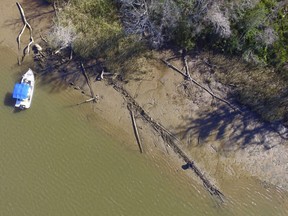 This aerial photo taken Tuesday, Jan. 2, 2018, in Mobile County, Ala., shows the remains of a ship that could be the Clotilda, the last slave ship documented to have delivered captive Africans to the United States. The Clotilda was burned after docking in Mobile, Ala., in 1860, long after the importation of humans was banned.