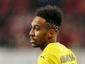 FILE - In this Dec. 12, 2017 file photo Dortmund's Pierre-Emerick Aubameyang looks on during a German first division Bundesliga soccer match between FSV Mainz 05 and Borussia Dortmund in Mainz, Germany.