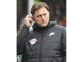 Leipzig's coach Ralph Hasenhuettl arrives for the German first division Bundesliga soccer match between SC Freiburg and RB Leipzig in Freiburg, Germany, Saturday, Jan. 20, 2018.