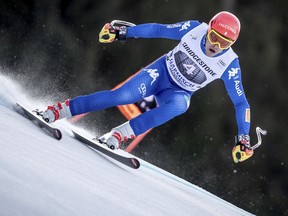 Italy's Christof Innerhofer speeds down the course during a training run for the men's downhill race at the alpine skiing World Cup in Garmisch-Partenkirchen, Germany, Thursday, Jan. 25, 2018.