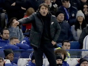 Chelsea head coach Antonio Conte shouts directions during the English Premier League soccer match between Chelsea and Leicester City at Stamford Bridge stadium in London, Saturday, Jan. 13, 2018.