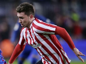 FILE - In this file photo dated Wednesday, Jan. 11, 2017, Athletic Bilbao's Aymeric Laporte in action during Copa del Rey, 16 round, against FC Barcelona at the Camp Nou in Barcelona, Spain. 23-year-old Athletic Bilbao says defender Frenchman Aymeric Laporte is reported Monday Jan. 29, 2018, to have paid his buyout clause, looks set to leave the club, opening the way for a transfer to Manchester City.