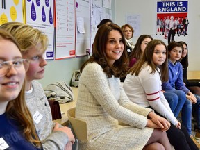 Britain's Princess Kate Duchess of Cambridge, takes part in a lesson at Matteus School in Stockholm, Wednesday Jan. 31, 2018.  Prince William and Kate Duchess of Cambridge are on a four-day visit to Sweden and Norway.