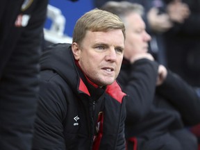 AFC Bournemouth manager Eddie Howe watches the English Premier League soccer match against Brighton & Hove Albion at the AMEX Stadium, Brighton, Monday Jan. 1, 2018.