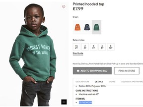 An undated photo of an advert for a hoodie by H&M. Clothing giant H&M has apologized Monday, Jan. 8, 2017, and removed an advertising image of a black model in a sweatshirt with the words "Coolest monkey in the jungle.'' The brand removed the image, but kept in place other designs modeled by white children. (H&M via AP)